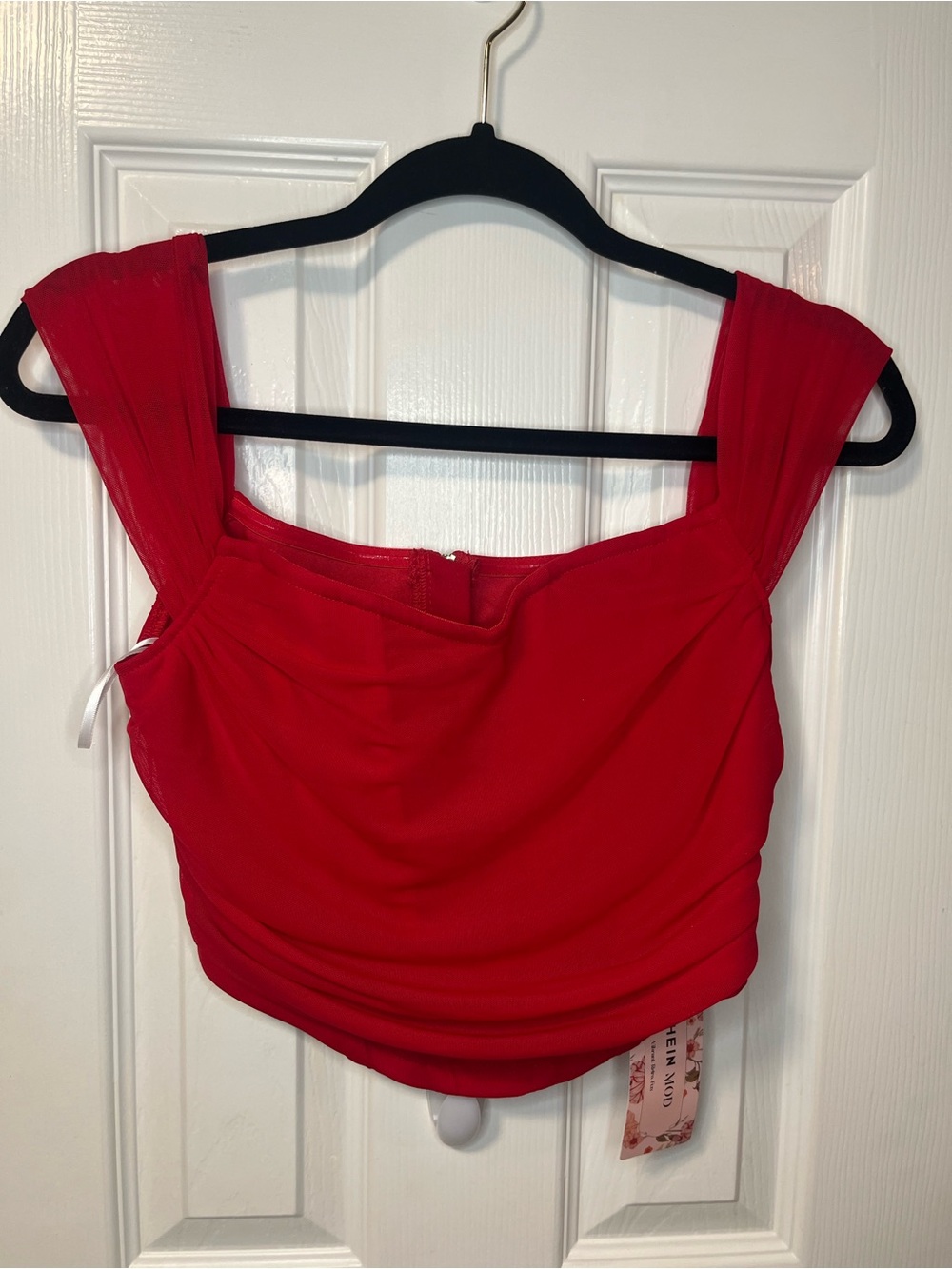 SHEIN Red Square-Neck Ruched Crop Top